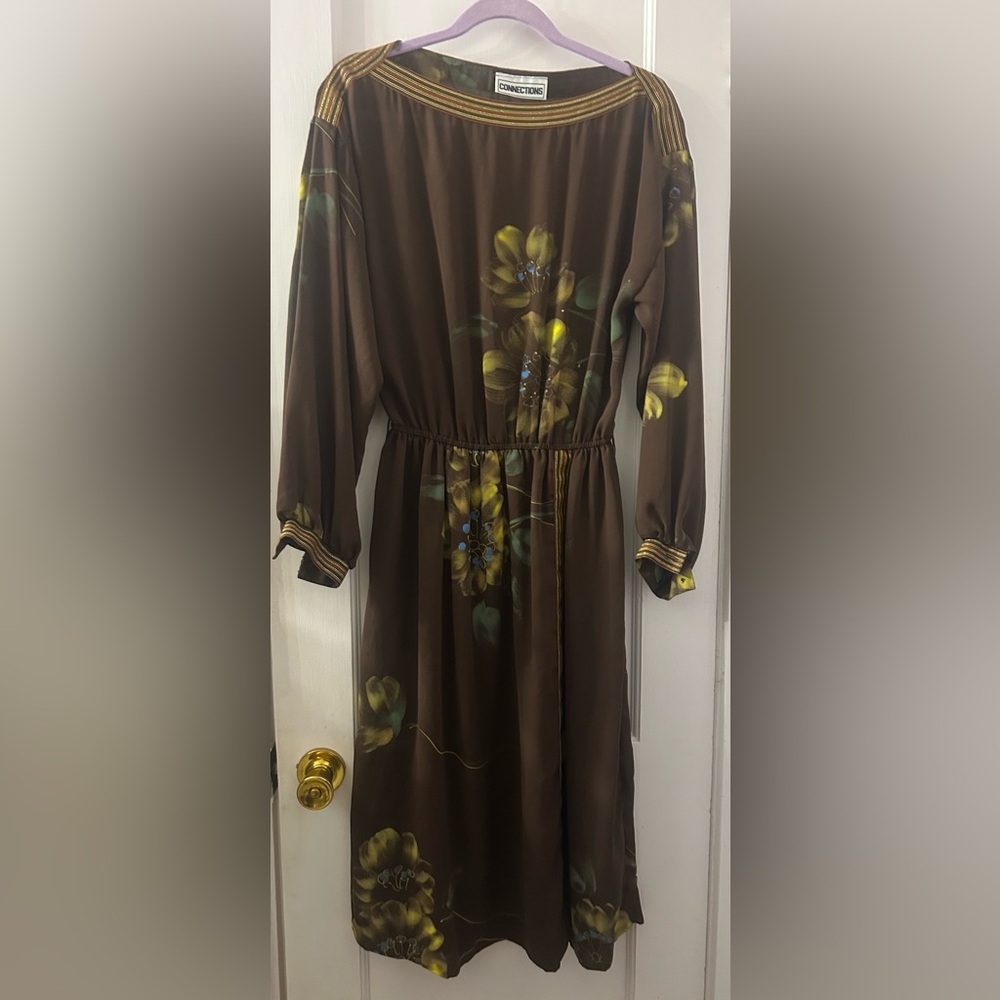 Vintage 70s Painted Sheer Floral Brown Dress Size7/8